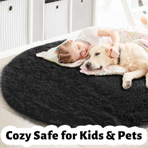 Amdrebio Black Shag Round Circle Rug 5Ft for Men Boys Bedroom Living Room - Image 4