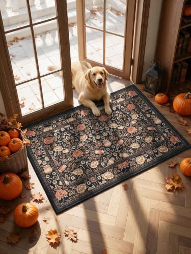 GarveeHome Dark Brown Floral Washable 2x3 Rug for Entryway Small Door Mat by GarveeHome