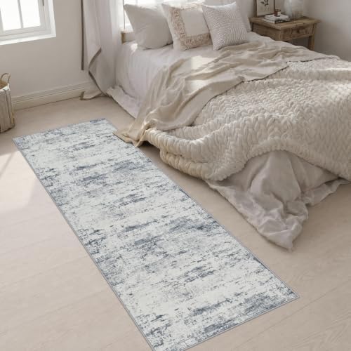 2.6x8 Washable Runner Rug：Modern Abstract Soft Carpet Blue Grey - Image 5