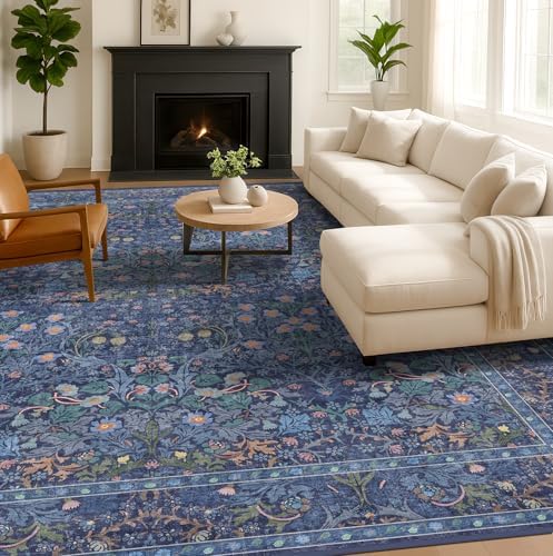 Washable Dark Blue Rug for Living Room - 10x14 Large Area Rug for Dining Room Under Table, Bedroom, Soft Low Pile Non-Slip Stain Resistant Carpet - Vintage Navy Floral Design by HazoHaus