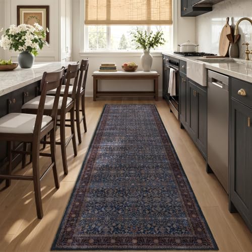 Washable Hallway Runner Rug 2'x7', Vintage Old Money, Dark Blue - Image 3