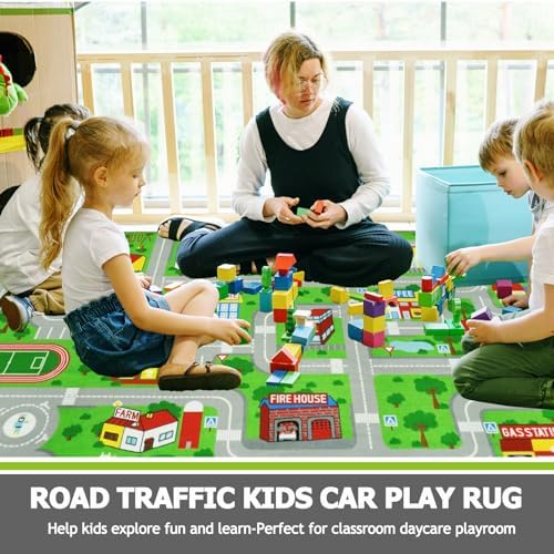 Capslpad Green Car Road Kid Rug Carpet Playmat for Playoom Traffic Road Kids Play Mat for Toddler Non Slip Washable City Map Race Track Carpet Rug for Kids Room Playroom Classroom Decor,6.6'x9.8' - Image 6
