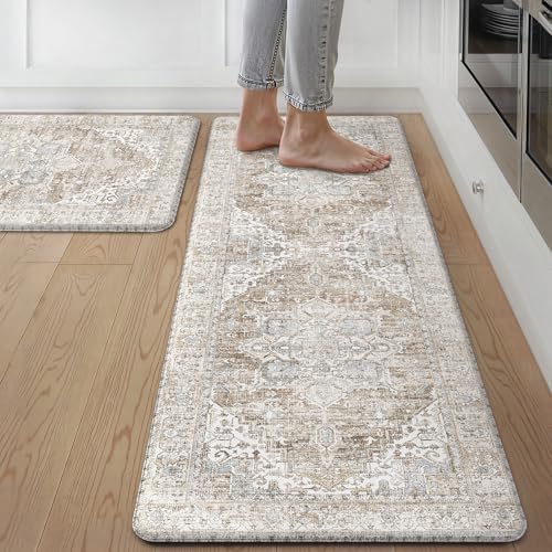GENIMO Anti Fatigue Kitchen Mats for Floor 2PCS, Standing Rugs,BeigeTan by GENIMO
