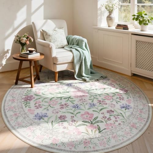 Lahome Purple 6ft Round Dorm Rug, Floral Circle Rug for Girls Bedroom by Lahome