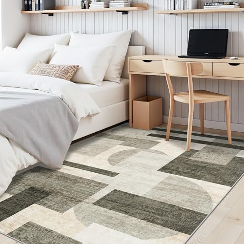 TOPRUUG Area Rug 5x6 Washable: Geometric Non-Slip Low Pile Rugs for Living Room Large Kitchen Bedroom Office - Ultra Soft Modern Aesthetic Home Decor (Beige/Olive Green/Gray, 5X6) - Image 4