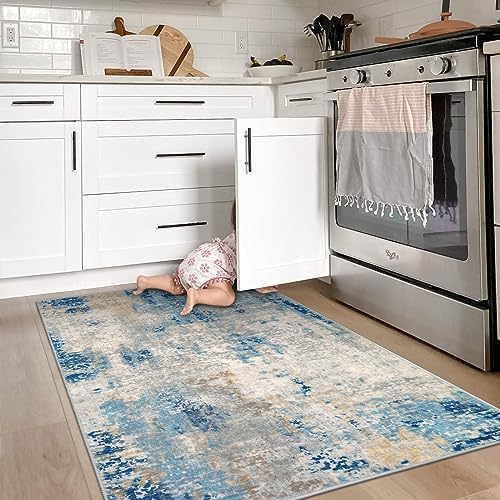 Lahome Modern Abstract Area Rug 3x5, Washable Bedroom Rug Soft Throw Entry Mat Contemporary Faux Wool Non-Slip Stain Resistant Carpet for Living Room Kitchen Bath Office, Blue/Yellow/Ivory - Image 3