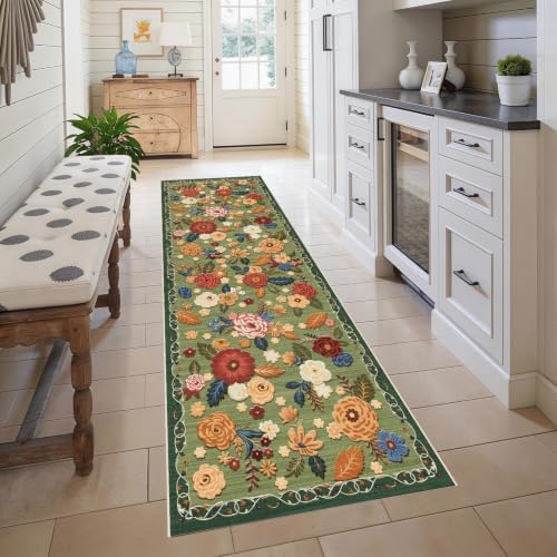 Washable 2.6x10 Runner Rug, Green Boho Floral Non-Slip for Hallway, Kitchen by GERUIMO