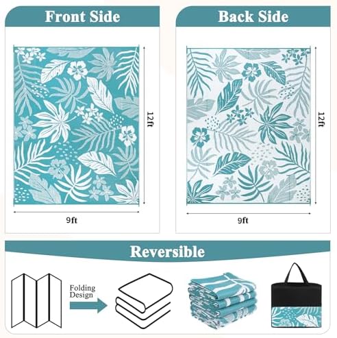Pauwer Waterproof Outdoor Rug 9x12, Plastic Straw Patio Rug, Floral Teal - Image 2