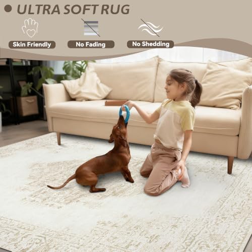 8x10 Area Rugs for Living Room: Washable Vintage Large Retro Rug Soft Non-Slip Indoor Low Pile Carpet for Bedroom Dining Room Office (Cream Beige, 8'x10') - Image 6