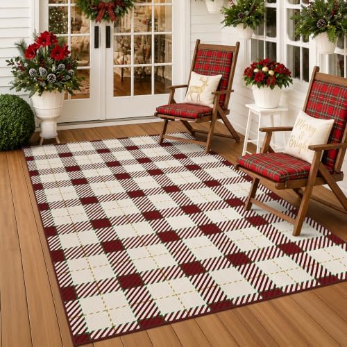 JTJ Easy Jute 5x7 Outdoor Area Rug, Red & White Plaid, Washable by JTJ