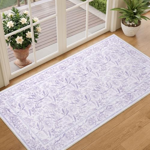 DUKINO 2x4 Rug, Washable Vintage Floral Entryway Rug Non Slip, Purple by DUKINO