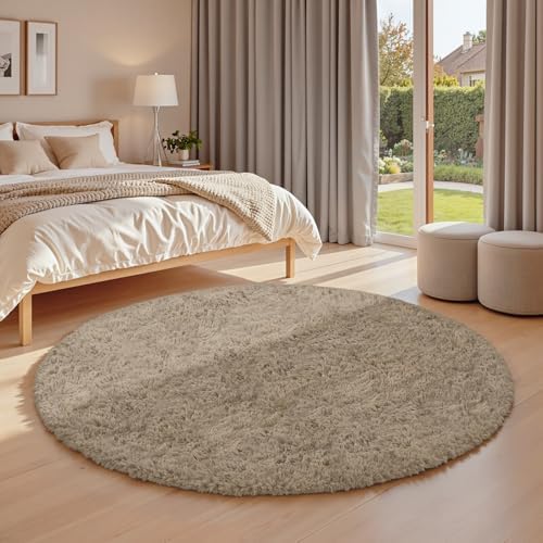 Grey Camel Round Fluffy Rug 5ft Plush Fuzzy Shaggy Carpet - Image 2