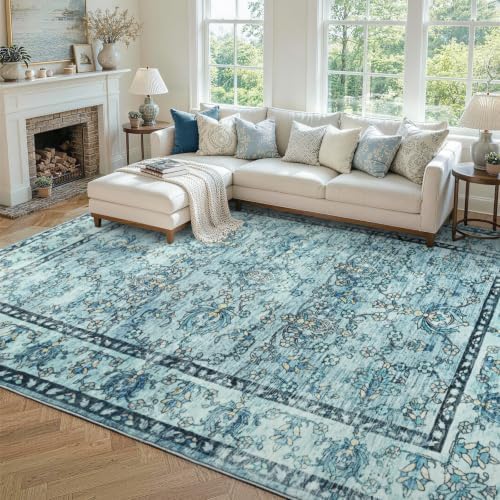 6x9 Ft Vintage Area Rugs for Living Room, Thin Soft Washable Carpet Blue - Image 2