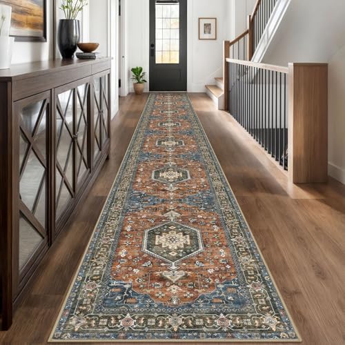 KUTA Vintage Extra Long Runners for Hallways 2.6x18ft Washable Brick Red by KUTA