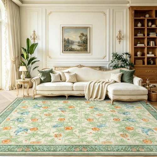 8x10 Washable Area Rug, Green Floral Vintage Rug for Living Room Bedroom by LAISE