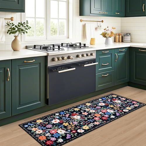 PLHXFR 2x6 Washable Runner Rug：Floral Indoor Kitchen Soft Carpet Black - Image 6