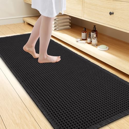 Smiry Waffle Bath Mat 60X24, Extra Soft Absorbent Bathroom Rugs, Black by Smiry
