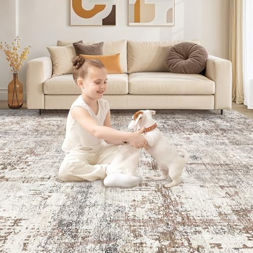 UERMEI 5x8 Area Rug Living Room Rugs - Washable Neutral Modern Abstract Soft Thin Rug Indoor Floor No Slip Rug Carpet for Bedroom Under Dining Table Home Office Decor - Brown/Grey/Red - Image 4