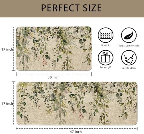Sage Green Eucalyptus Spring Kitchen Rugs Sets of 2 Non Slip Washable, Botanical Leaves Summer Spring Kitchen Mats for Floor 2 Piece Home Decor - Image 3