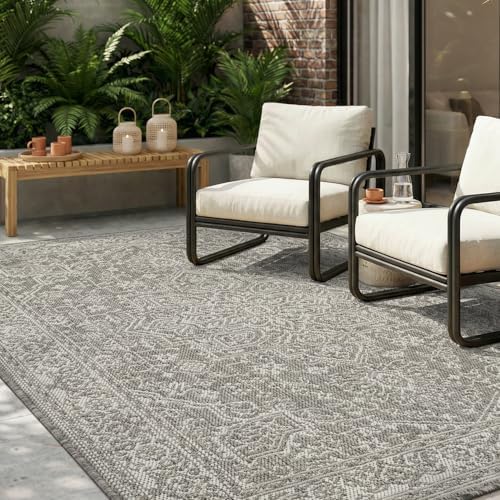MontVoo-Outdoor Rug-Patio Rug 5x7 ft Polypropylene Indoor Outdoor Rugs Carpet for Patio Deck Balcony Porch, Textured Weave, Durable for High Traffic, Fade-Resistant, Vintage Medallion Silver Grey by MontVoo