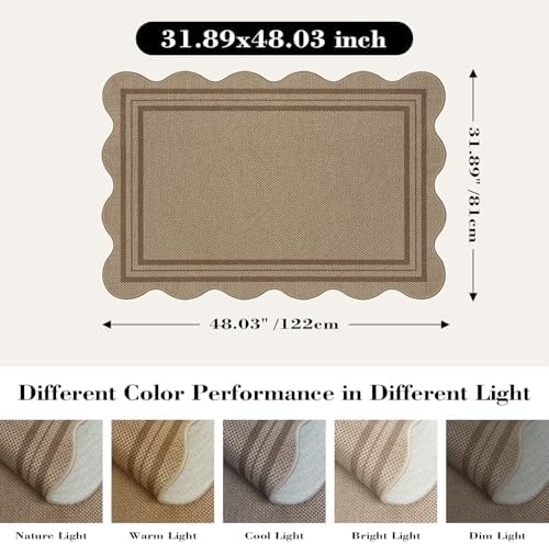 Easy Jute Front Door Mat, 2.6x4 Washable Entryway Rug Non Slip Small Kitchen Rug, Farmhouse Low Pile Floor Scalloped Rugs for Bathroom Porch Doorway - Image 2