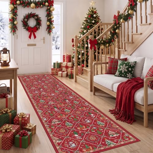 2x10 Christmas Runner Rug, Non-Slip Red Xmas Holiday Decor Hallway Runner Rug, Washable Soft Long Christmas Floor Carpet for Hallway, Entryway, Living Room, Bedroom, Laundry Room - Image 2