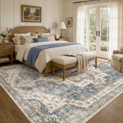 UERMEI 7x9 Area Rug for Living Room Washable Vintage Non Slip Blue Carpet - Image 2