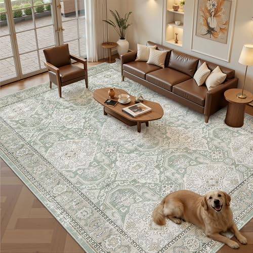 Soalmost 9x12 Area Rugs for Living Room Washable Rug Non-Slip Green/Brown - Image 2