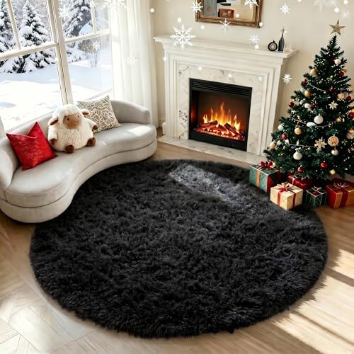 Black Round Rug 4Ft Area Rug, Cute Circle Rugs for Kids Bedroom Living Room by PAGISOFE