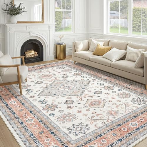cotiled 9x12 Area Rug for Living Room, Washable, Traditional, Coral Pink by COTILED