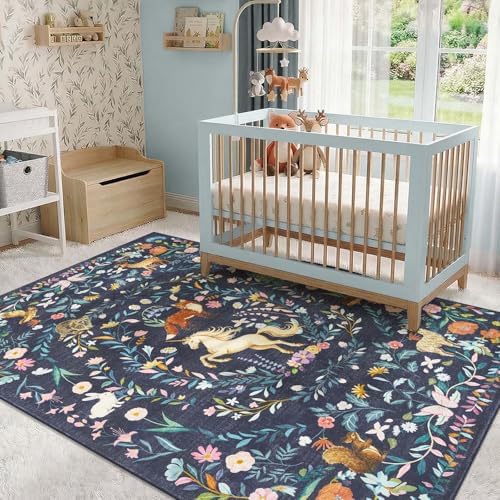 jinchan 6x9 Kids Rug Washable Unicorn Rug Playroom Nursery Mat, Navy Blue by JINCHAN
