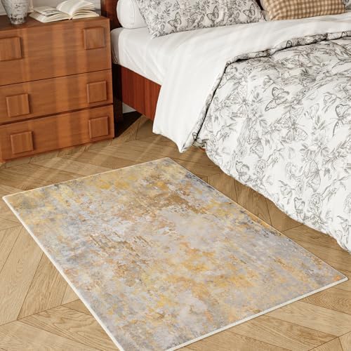 Entryway Rug 2x3 Beige Gold Door Mat Indoor Entrance 24x36, Washable Small Throw Rugs for Kitchen Floor, Entry, Front Door, Bedroom Bedside, Non-Slip Low Pile Stain & Fade Resistant, Abstract - Image 3