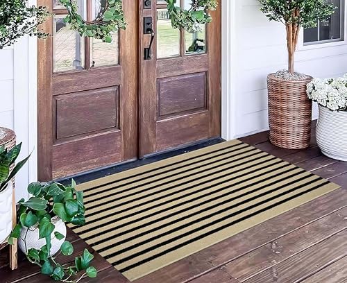 Black and Tan Striped Outdoor Rug 2'x4',Washable Front Porch Door Mat - Image 6