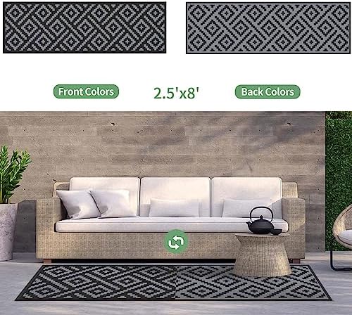 GENIMO Outdoor Rug, Waterproof Plastic Runner Rugs, 2.5'x8' Black Grey - Image 4