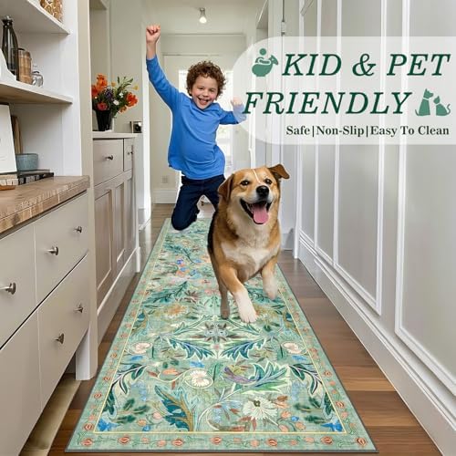 nesrt 2.6'x 8' Bird Runners for Hallway Kitchen Rug Non Slip, Long Washable Boho Jungle Runner Rugs, Soft Floral Botanical Carpet Runner for Hall, Laundry, Bedroom, Bathroom (Light Green) - Image 3