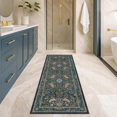 Botanical Bird 2x6 Entryway Rugs Indoor, Machine Washable Runner Rugs for Hallway, Blue and Teal Non Slip Mat for Bathroom, Bedroom Beside Bed, Kitchen, Stain Resistant Forest Green Décor - Image 3