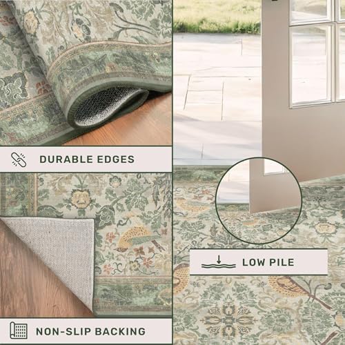 Boho 8x12 Living Room Rugs - Plant & Bird Patterned Rugs for Bedroom Under Bed, Traditional Victorian Sage Green Décor, Washable Non Slip Foldable Lightweight Carpet - Image 5