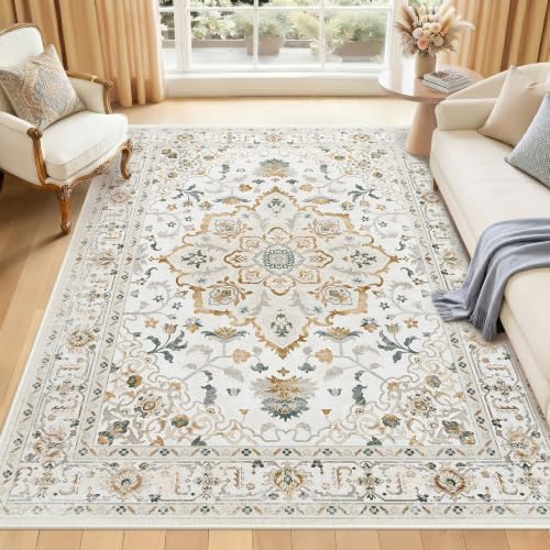 CAPALOCA 9x12 Washable Nursery Girls Low Pile Area Rug Beige White - Image 4