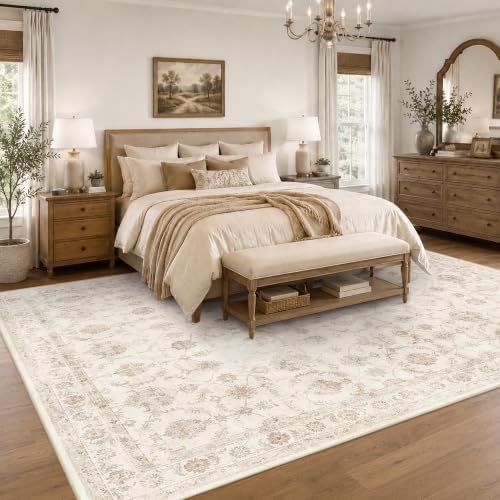 Washable 9x12 Living Room Area Rug Non-Slip Floral Beige Large Carpet - Image 2
