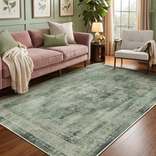 Muted Green 5x7 Area Rugs for Living Room, Washable Non Slip Bedroom Rug with Distressed Medallion Printed, Modern Farmhouse Low Pile Thin Carpet Rugs for Dining Room/Kitchen/Home Office by Jainmy