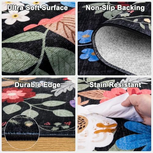 PLHXFR Area Rug 9x12 Living Room: Floral Washable Boho Soft Carpet Black - Image 6