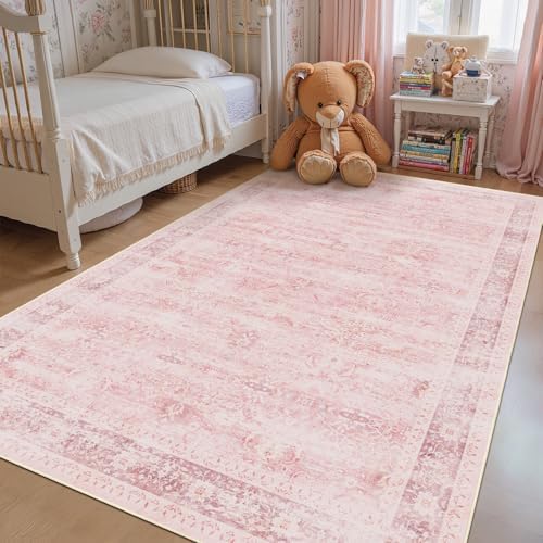 Pink Rug 5x8 for Bedroom Girls, Washable Non Slip Nursery Kids Room Rug Dorm, Aesthetic Distressed Area Rugs for Living Room, Low Pile Thin Carpet Rug for Playroom Dining Room Home Office - Image 3