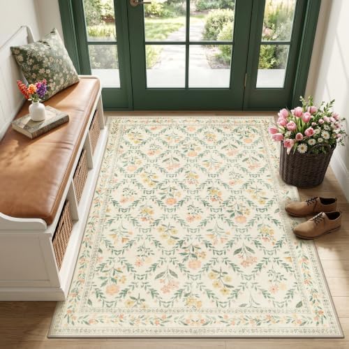 PLHXFR Area Rug Living Room: 3x5 Floral Washable Boho Carpet Beige Multi by PLHXFRSoftAreaRugs