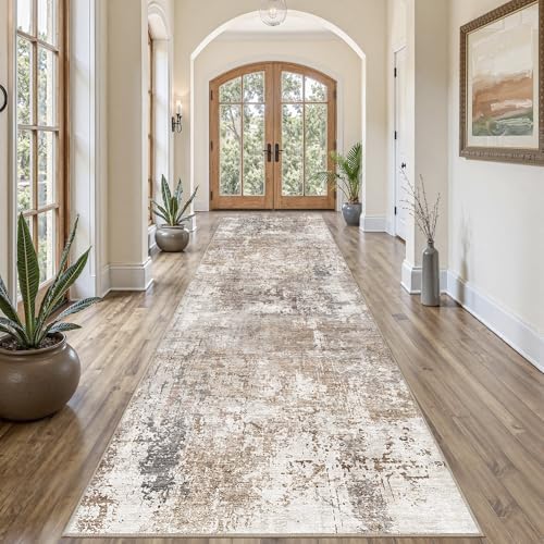 UERMEI 3x12 Washable Runner Rug for Hallway, Non Slip Low Pile Kitchen Carpet, Neutral Modern Abstract Indoor Floor Mat for Entryway Laundry, Kid & Pet Safe High Traffic Area, Brown/Grey/Red by UERMEI