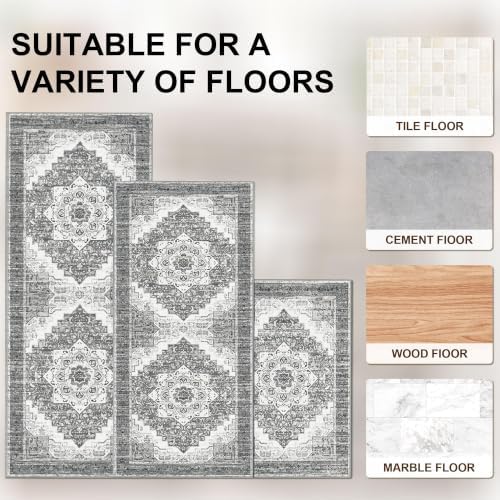Kitchen Rugs Sets of 3 100% Non Slip Washable Kitchen Mats for Floor, Grey2 - Image 4