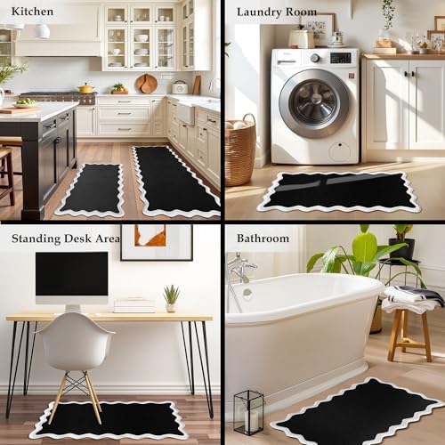 Arenarug Scalloped Kitchen Mats for Floor, Black White Kitchen Rug Set of 2 - Image 6