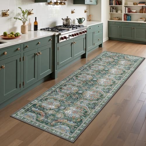 2x6 Hallway Runner Rug, Washable Vintage Retro Long Runner Rugs for Kitchen Laundry, Soft Ultra Thin Non Slip Low Pile Traditional Area Carpet for Bedroom Bathroom Indoor, Green by Yarooge