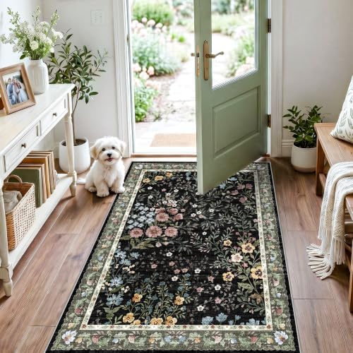 3x4 Washable Entryway Area Rug: Non Slip Floral Washable Entry Rug Living Room Area Rug for Indoor Floor Kitchen Bedroom - Soft Thin Door Mat Carpet Boho Vintage Home Decor (3'x4', Black) by YOUFORTONG