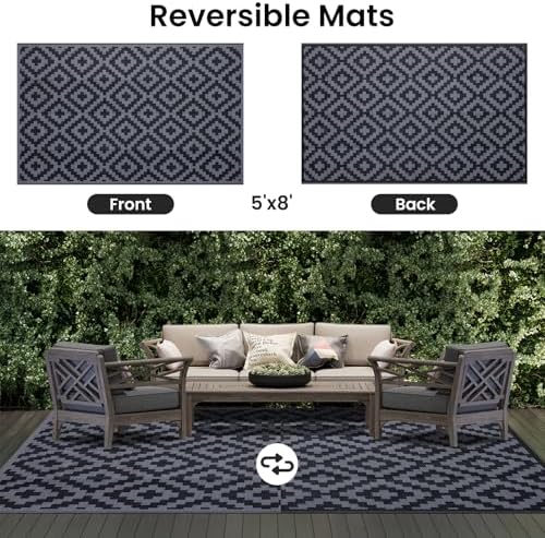 Smiry Outdoor Rug 5x8 ft Waterproof Reversible Boho Mat, Black & Grey - Image 3