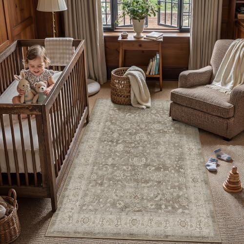 PureCozy Brown Gray Small Area Rug 4x6 Vintage Floral Distressed - Image 2